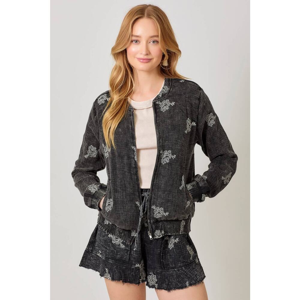 "Roseanna" Embroidery Bomber Jacket in Washed Black
